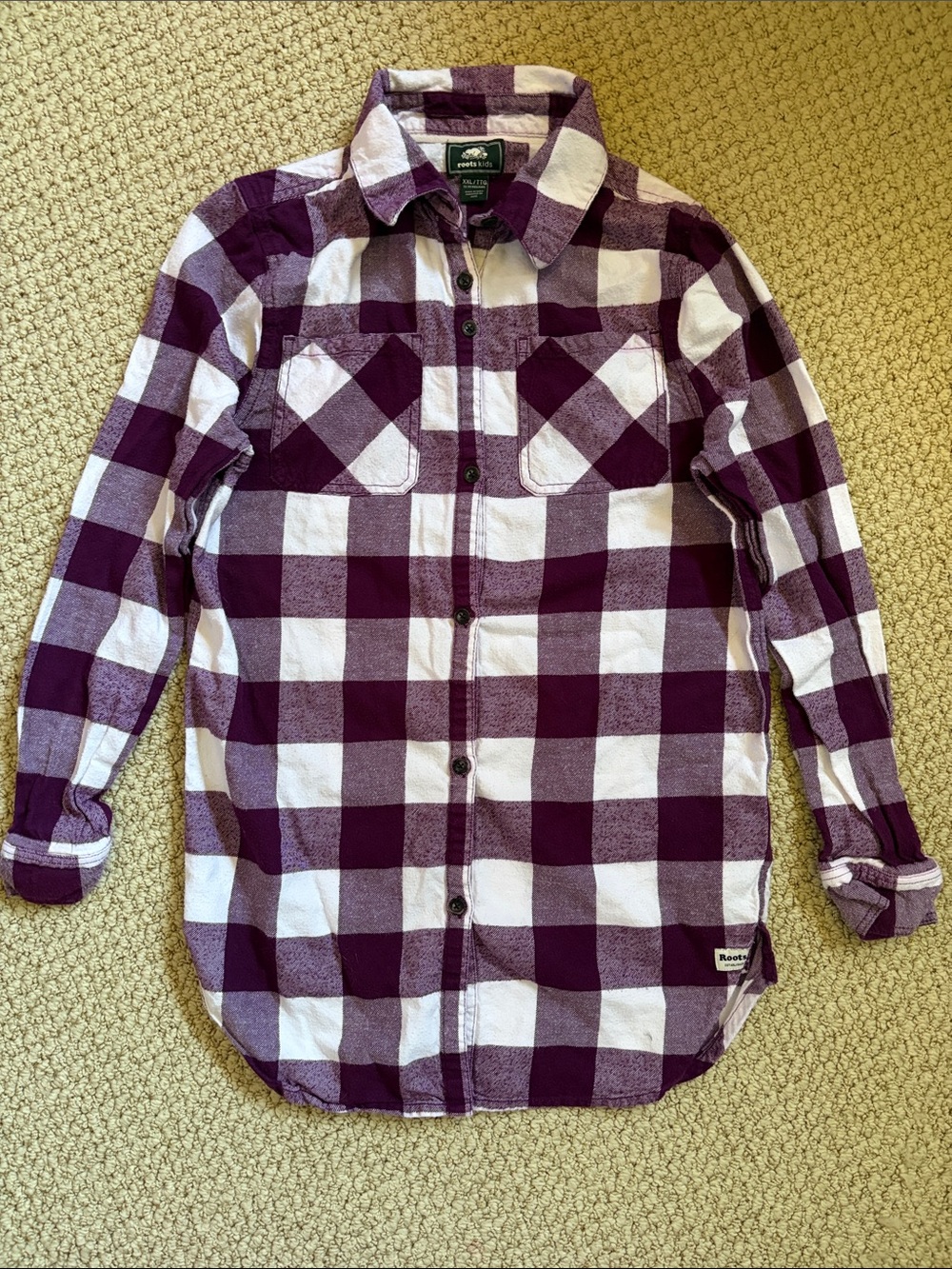 ROOTS Purple White Plaid Flannel Button Kids Shirt